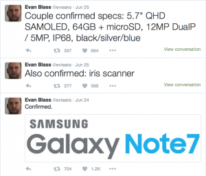 'Serial leaker' Evan Blass, popularly known as @evleaks, tweets the supposed confirmed specs of the Samsung Galaxy Note 7