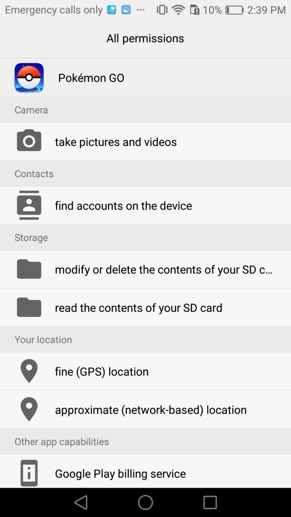 Here's the first of two screenshots of the granted permissions of the Pokemon GO APK we downloaded from APK Mirror.