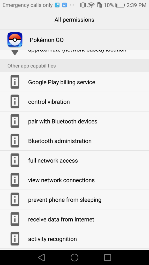 Here's the last screenshot of granted permissions of the Pokemon GO APK we downloaded from APK Mirror.