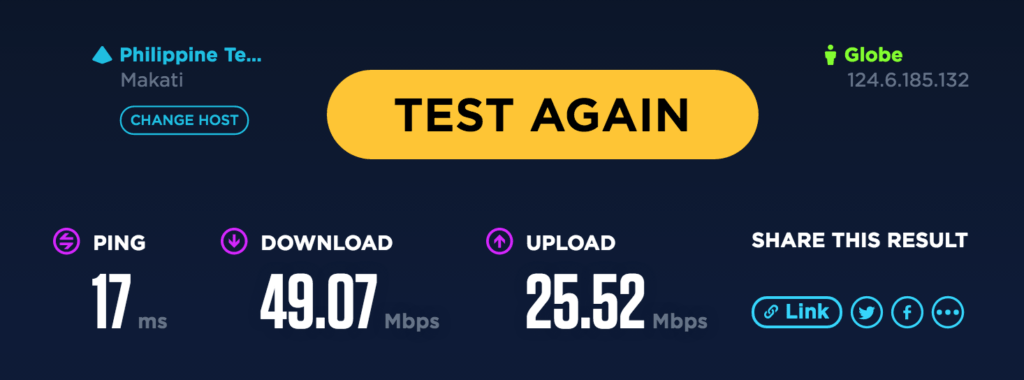 Today's speed-test result: Globe Telecom's 50Mbps fiber connection