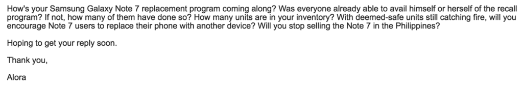 Part of the email we sent to Samsung Electronics Philippines. We sent a slightly different version of this to Globe Telecom and Smart Communications executives.