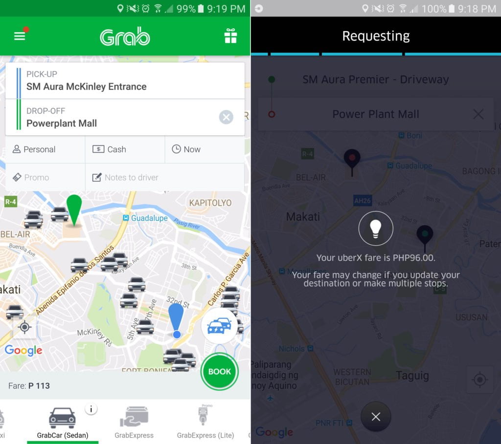 Uber vs Grab: SM Aura to Power Plant Mall