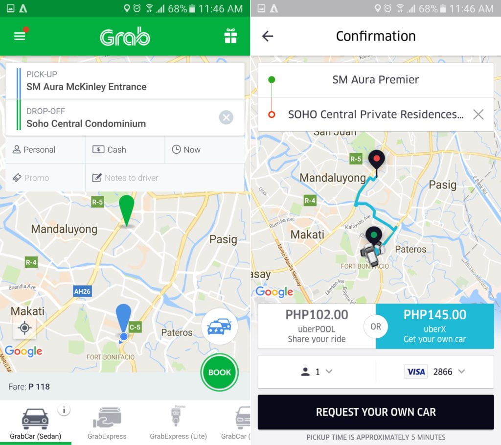 Uber vs Grab: SM Aura to Soho Central