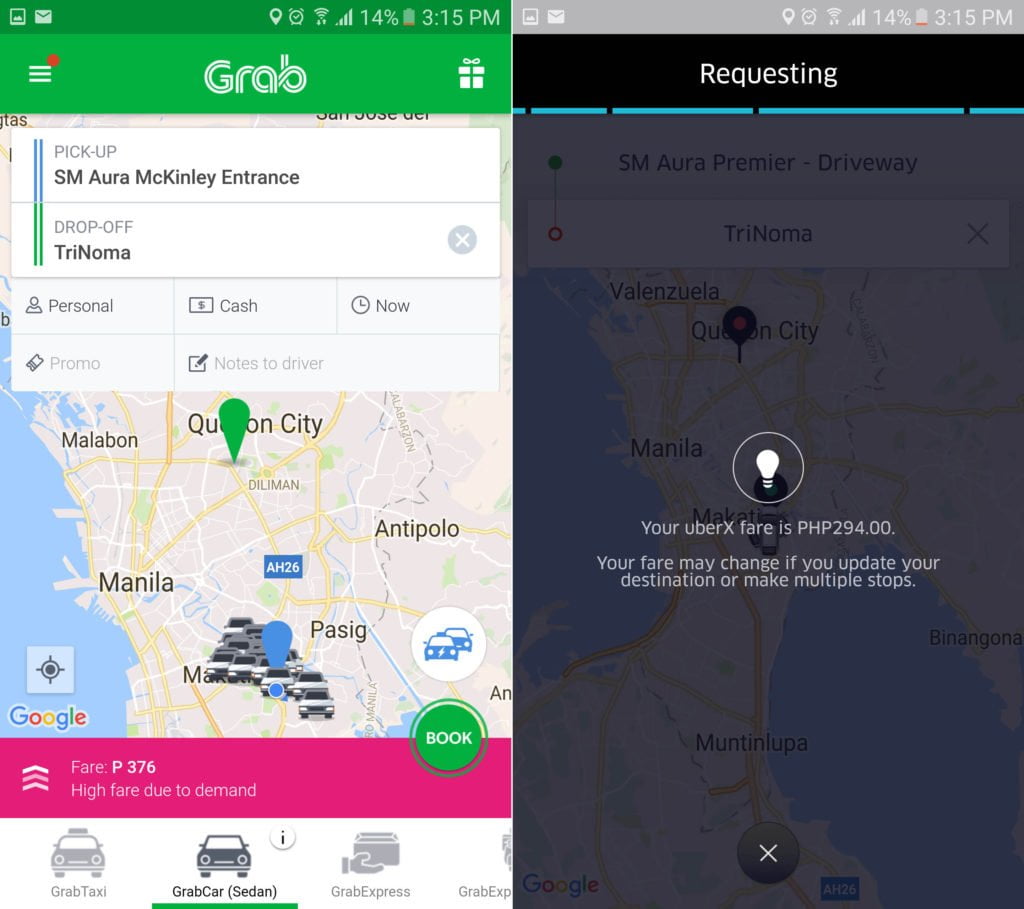 Uber vs Grab: SM Aura to TriNoma
