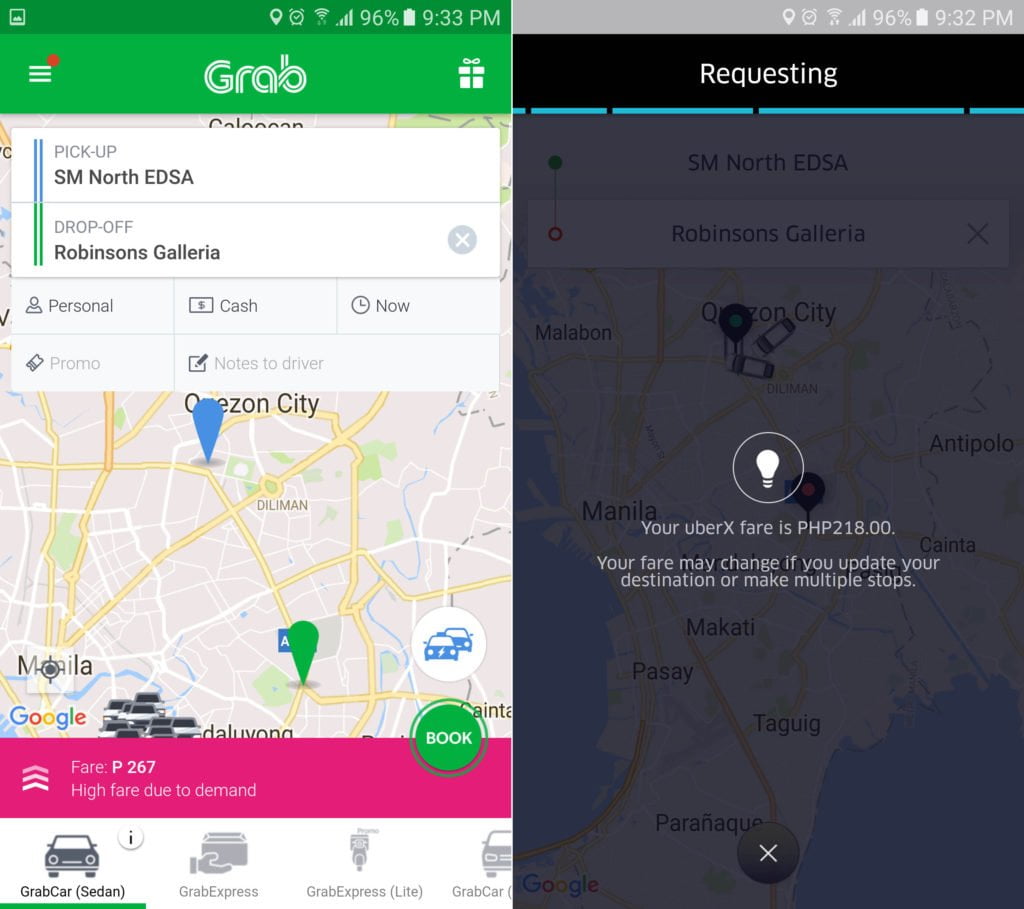 Uber vs Grab: SM North EDSA to Robinsons Galleria
