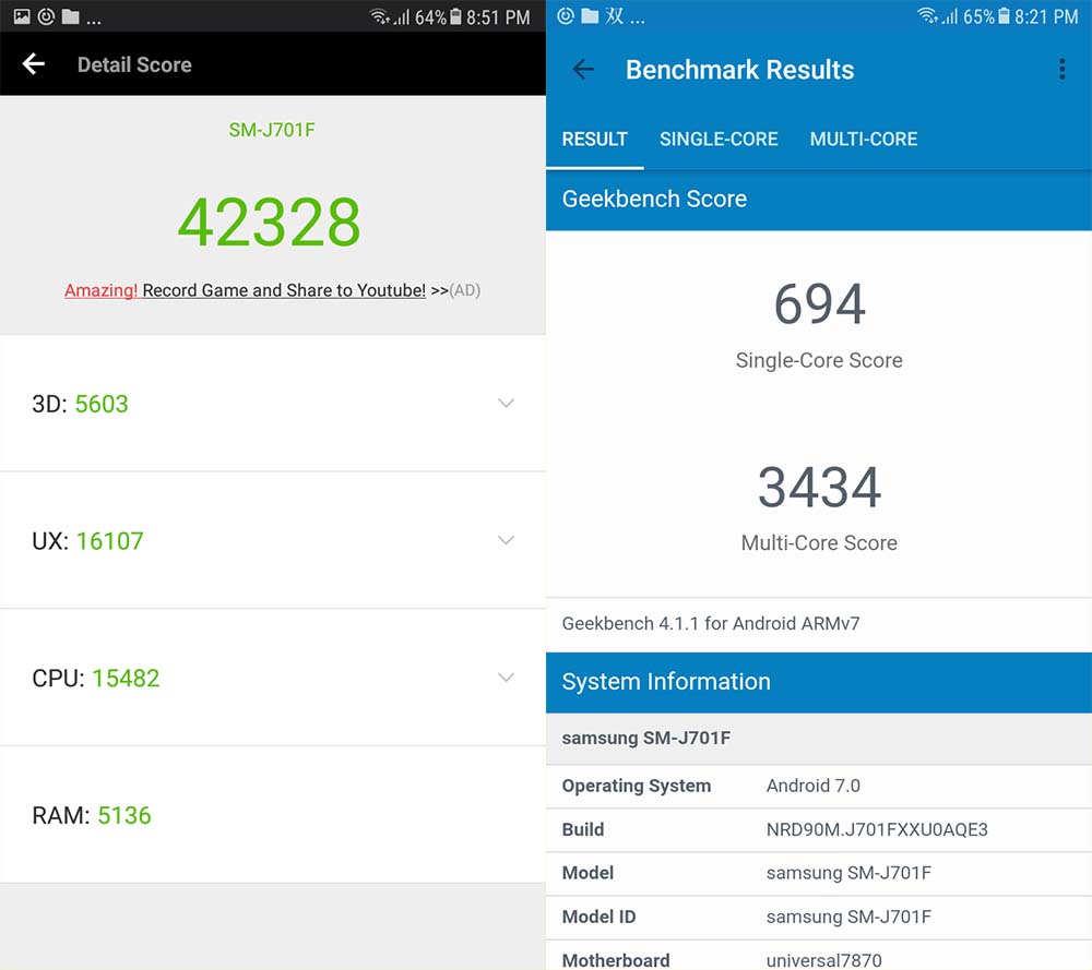 Samsung Galaxy J7 Core Antutu Geekbench scores_Revu Philippines