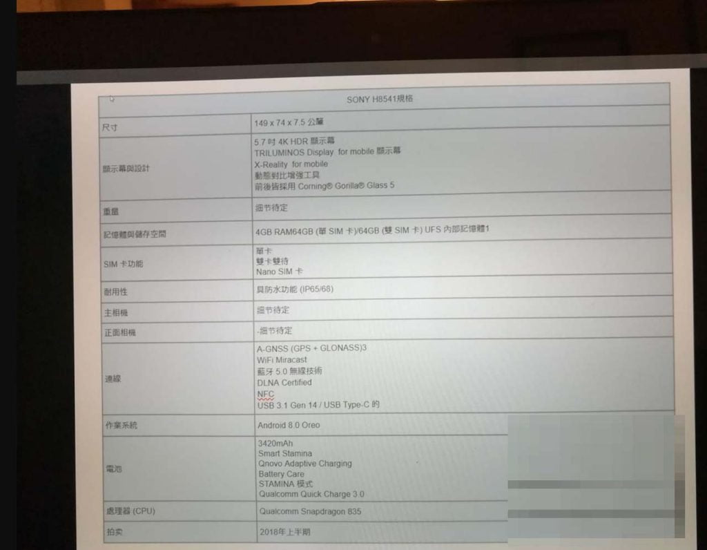 Sony Xperia XZ2 specs on Revu Philippines via Reddit