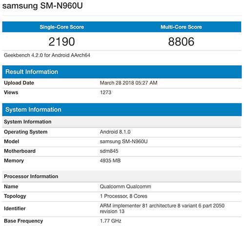 Samsung Galaxy Note 9 Geekbench benchmark score leak on Revu Philippines
