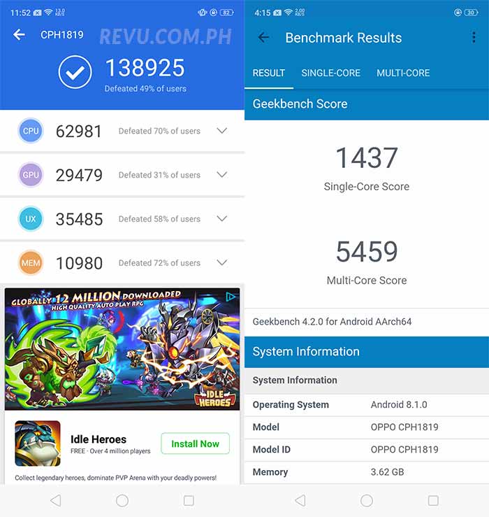 OPPO F7 Antutu and Geekbench benchmark scores on Revu Philippines