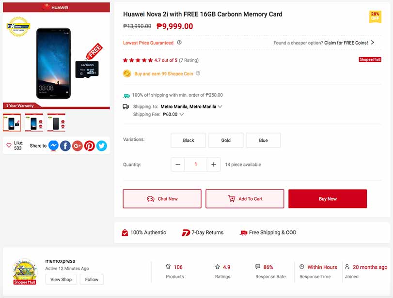 Huawei Nova 2i MemoXpress sale price on Shopee via Revu Philippines
