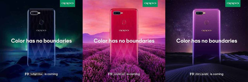 OPPO F9 Twilight Blue, Sunrise Red and Starry Purple on Revu Philippines