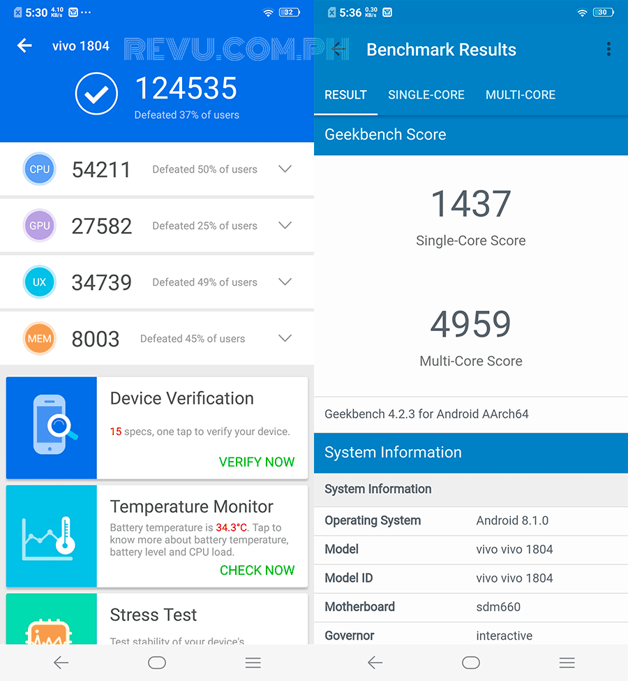 Vivo V11 Antutu and Geekbench benchmark scores in review on Revu Philippines