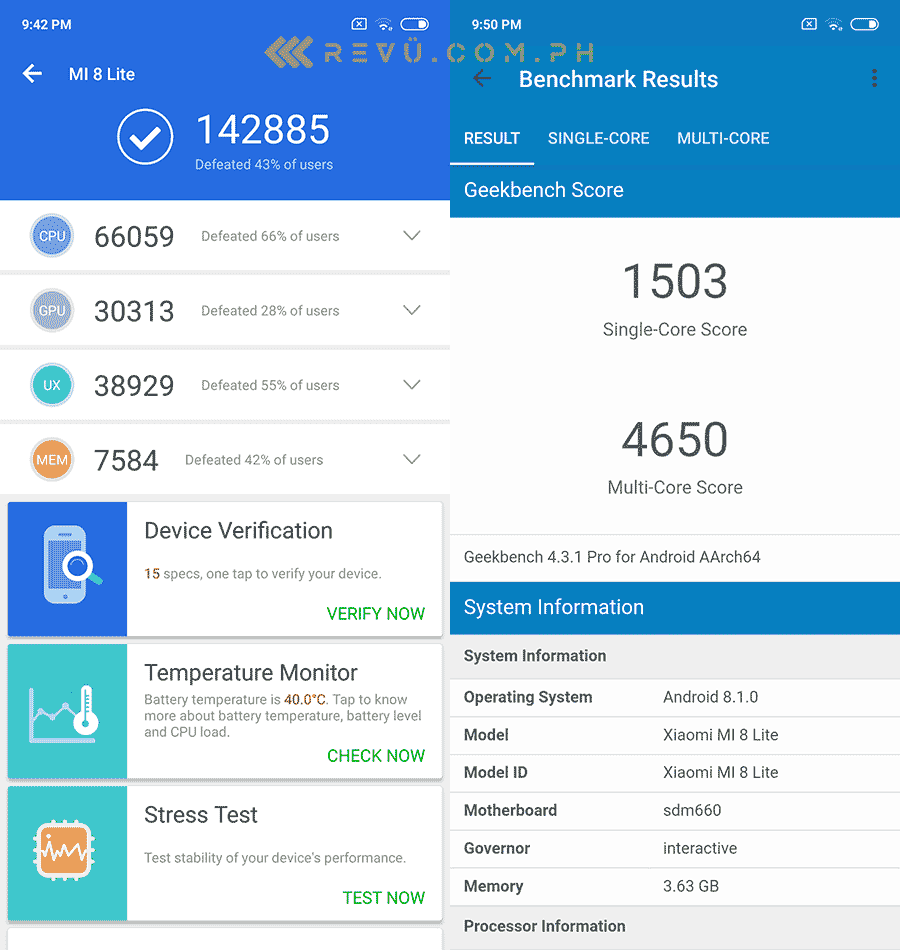 Xiaomi Mi 8 Lite Antutu and Geekbench benchmark scores on Revu Philippines