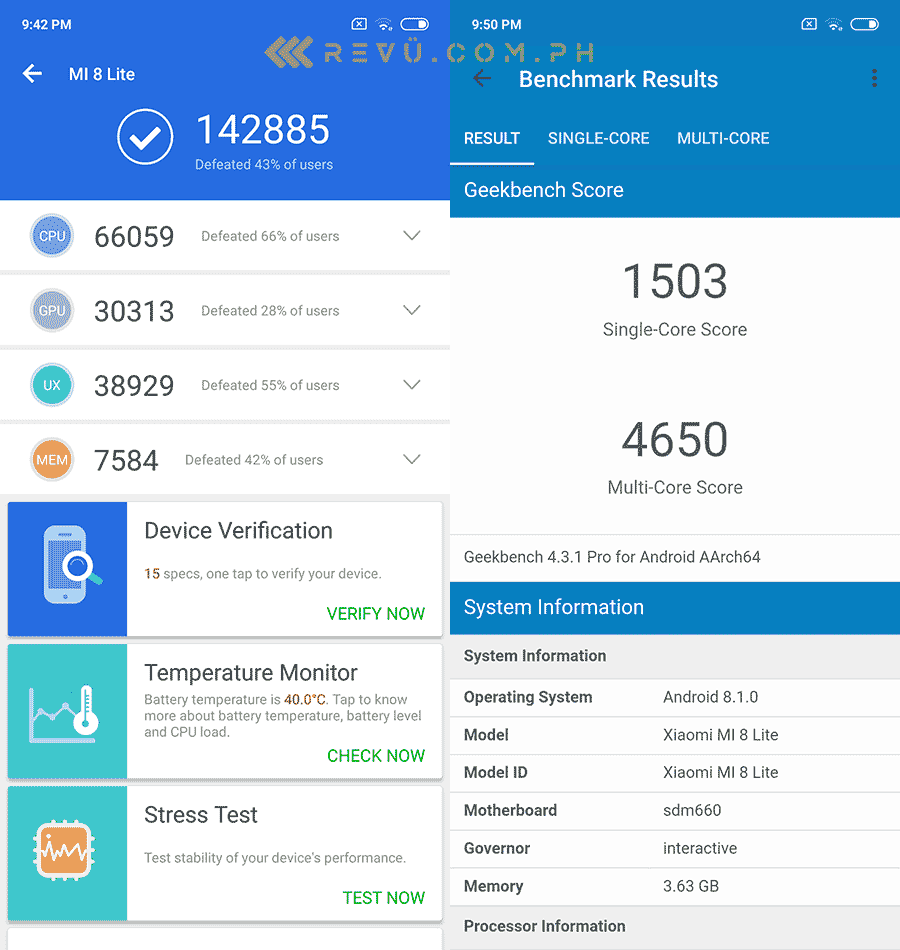 Xiaomi Mi 8 Lite reference mark for Antutu and Geekbench on Revu Philippines