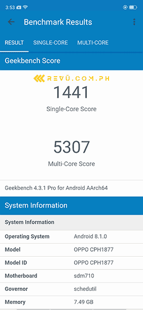 OPPO R17 Pro Geekbench benchmark scores on Revu Philippines