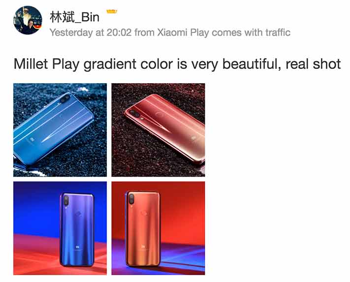 Xiaomi Play gradient colors as posted by Xiaomi CEO Lei Jun on Weibo via Revu Philippines