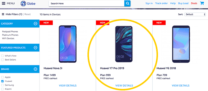 Huawei Y7 Pro 2019 Globe Telecom postpaid plan via Revu Philippines