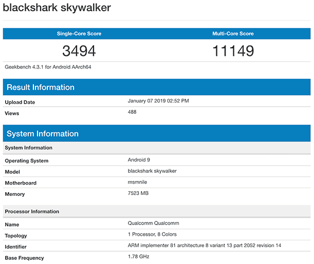 Xiaomi Black Shark Skywalker Geekbench benchmark scores on Revu Philippines