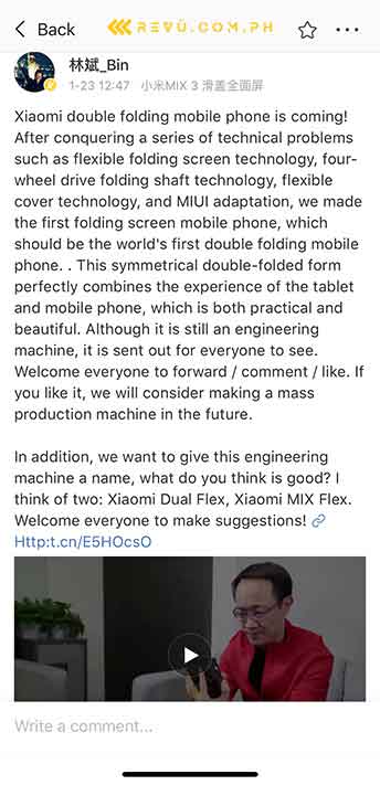Xiaomi foldable phone video teaser posted by Lin Bin on Weibo, via Revu Philippines