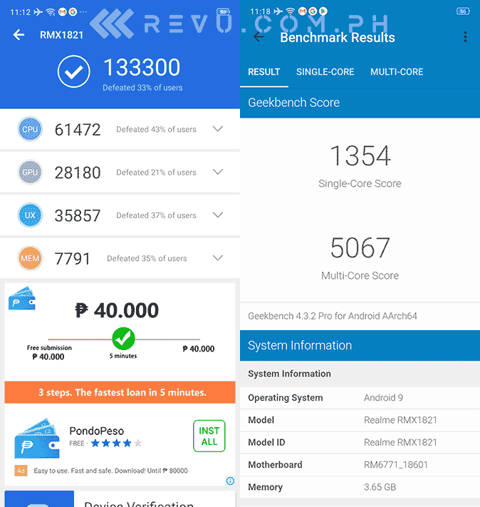 OPPO Realme 3 Antutu and Geekbench benchmark scores in review of Revu Philippines