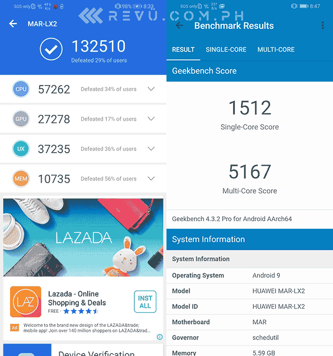 Huawei P30 Lite Antutu and Geekbench benchmark scores on Revu Philippines