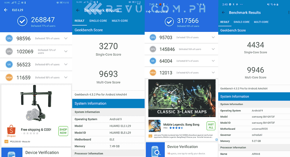 Huawei P30 vs Samsung Galaxy S10: Antutu and Geekbench benchmark scores by Revu Philippines