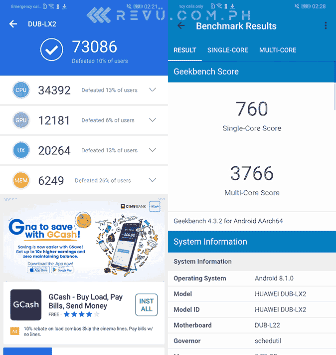 Huawei Y7 Pro 2019 Antutu and Geekbench benchmark scores by Revu Philippines