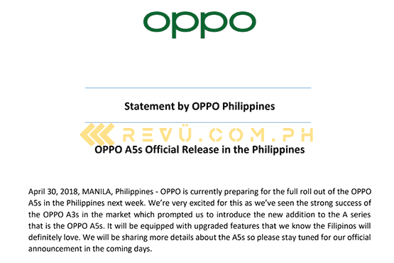 OPPO Philippines official statement on the OPPO A5s launch or availability, exclusive to Revu Philippines