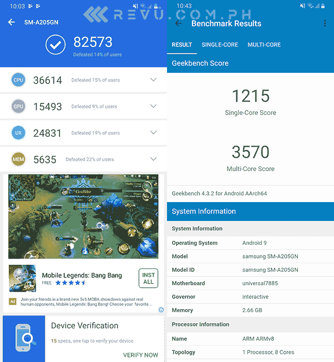 Samsung Galaxy A20 Antutu and Geekbench benchmark scores by Revu Philippines