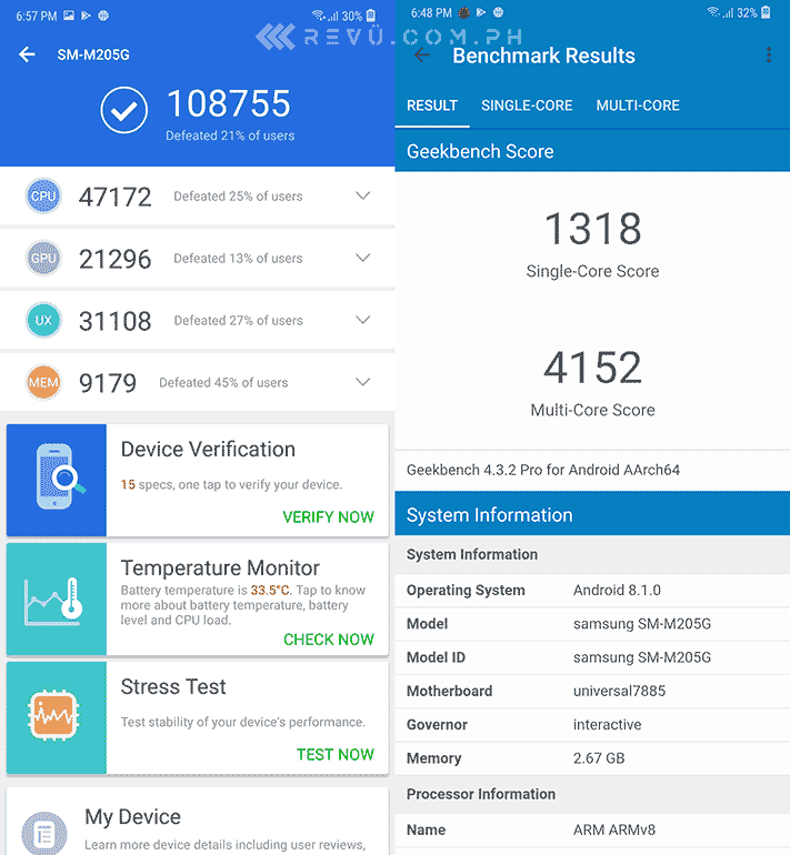 Samsung Galaxy M20 Antutu and Geekbench benchmark scores by Revu Philippines