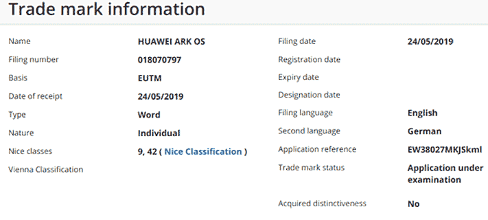 Huawei Ark OS trademark information on Revu Philippines