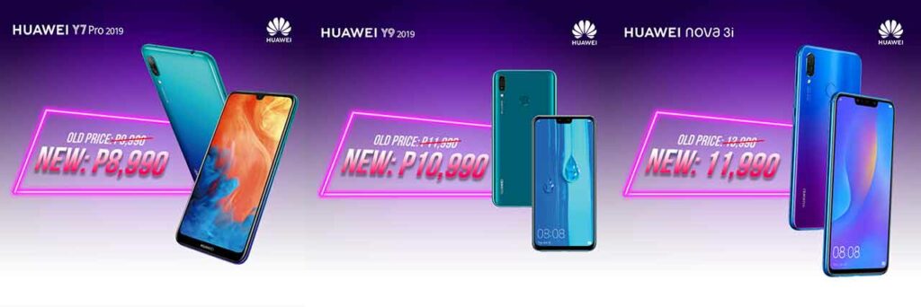 Huawei Y7 Pro 2019, Huawei Y9 2019, and Huawei Nova 3i sale announcement. Their new prices on Revu Philippines