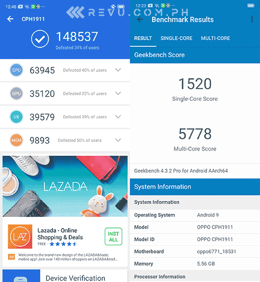 OPPO F11 Antutu and Geekbench benchmark scores by Revu Philippines