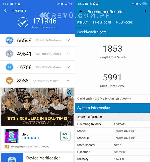 Realme 3 Pro Antutu and Geekbench benchmark scores by Revu Philippines