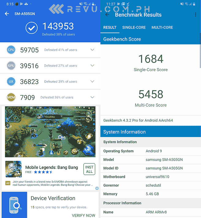 Samsung Galaxy A50's Antutu and Geekbench benchmark scores by Revu Philippines