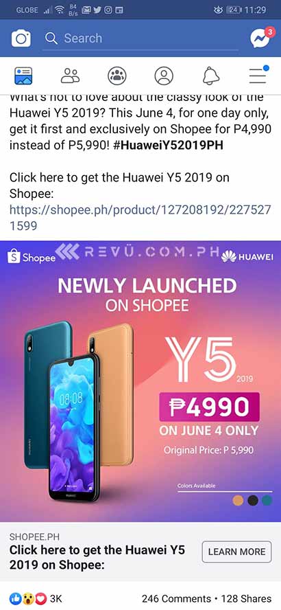 Huawei Y5 2019 promo price on Shopee plus its specs via Revu Philippines