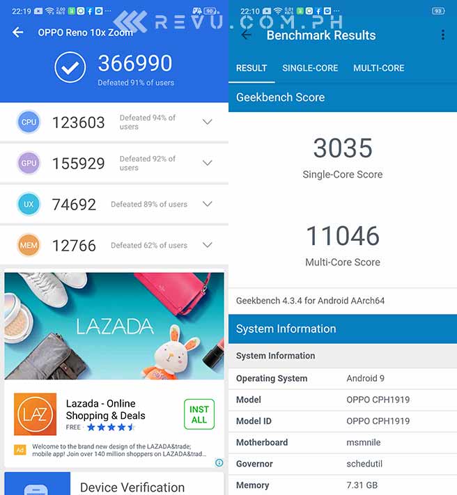 OPPO Reno 10x Zoom Edition Antutu and Geekbench benchmark scores by Revu Philippines