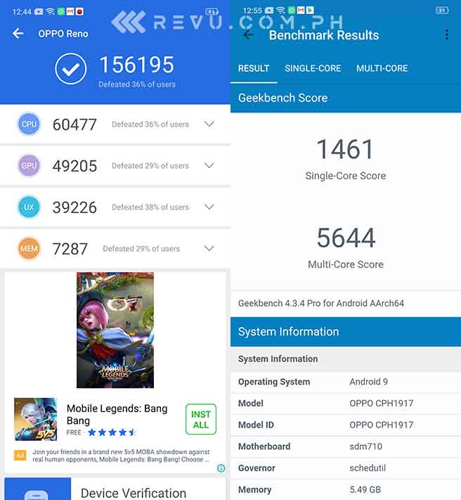 OPPO Reno Antutu and Geekbench benchmark scores by Revu Philippines