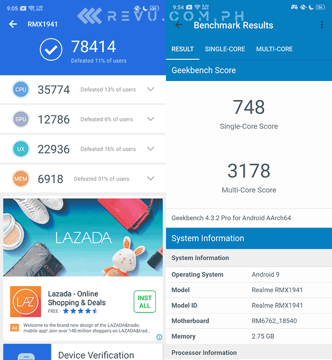 Realme C2 Antutu and Geekbench benchmark scores by Revu Philippines