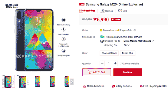 Samsung Galaxy M20 with its new low price on Shopee via Revu Philippines