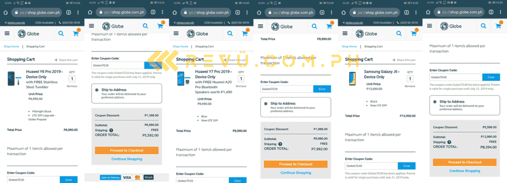 Huawei Y6 Pro 2019, Huawei Y7 Pro 2019, and Samsung Galaxy J6 discounted prices and freebies at the Globe Prepaid Gadget Sale 2019 via Revu Philippines