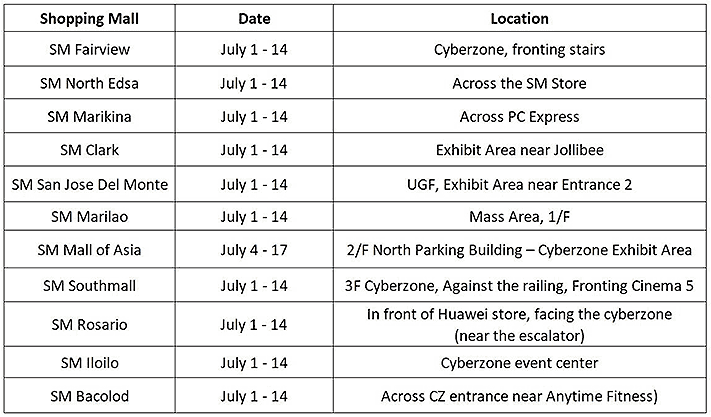 Huawei Y9 Prime 2019 SM malls roadshow schedule via Revu Philippines