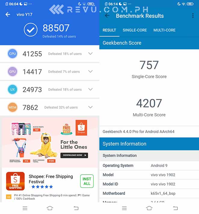 Vivo Y17 Antutu και Geekbench Benchmark Scores μέσω Revu Philippines