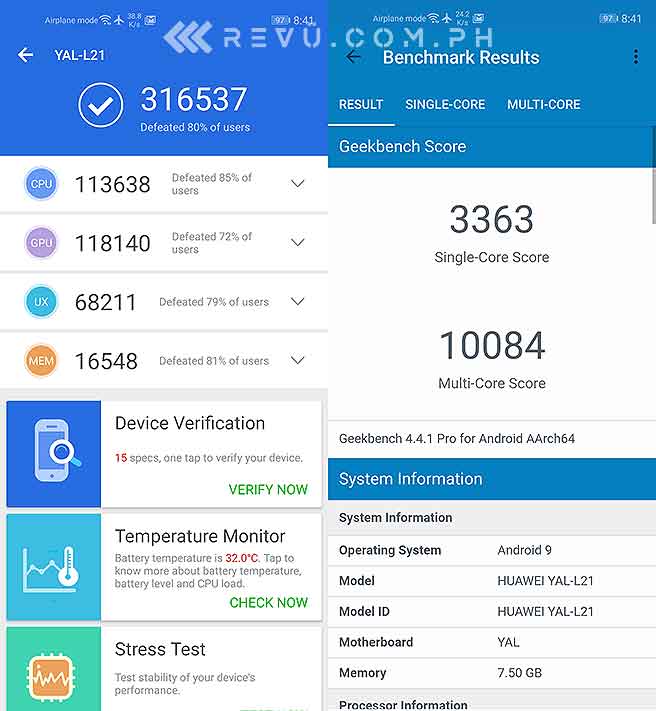 Huawei Nova 5T Antutu and Geekbench benchmark scores in review by Revu Philippines