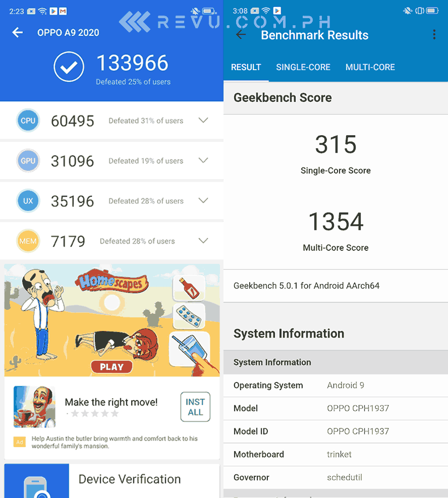 OPPO A9 2020 Antutu and Geekbench benchmark scores by Revu Philippines