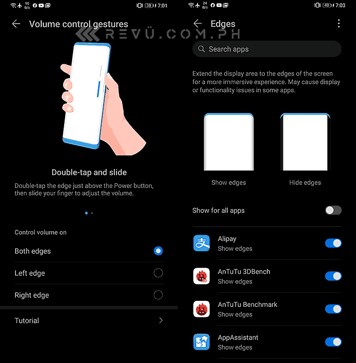 Huawei Mate 30 Pro volume control gestures and screen edge options or settings by Revu Philippines