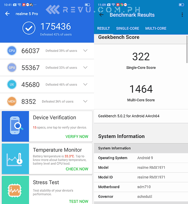 Realme 5 Pro Antutu and Geekbench benchmark scores in review by Revu Philippines