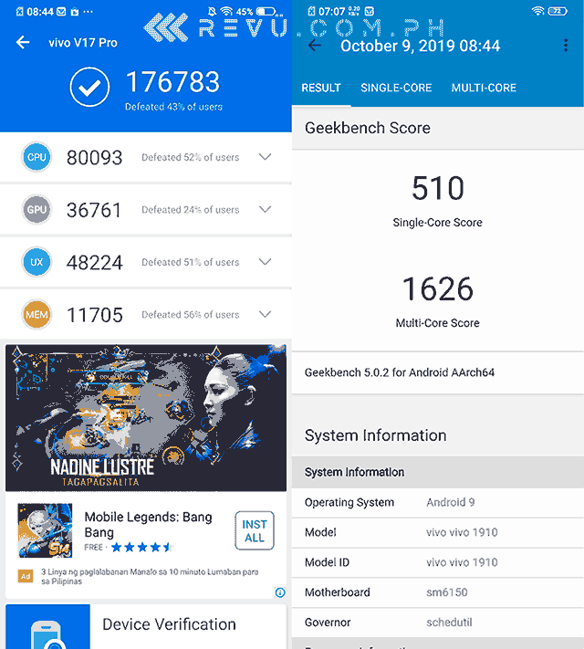 Vivo V17 Pro Antutu and Geekbench benchmark scores as tested by Revu Philippines