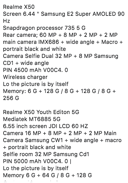 Realme X50 5G and Realme X50 Lite 5G Youth Edition 5G leaked specs via Revu Philippines