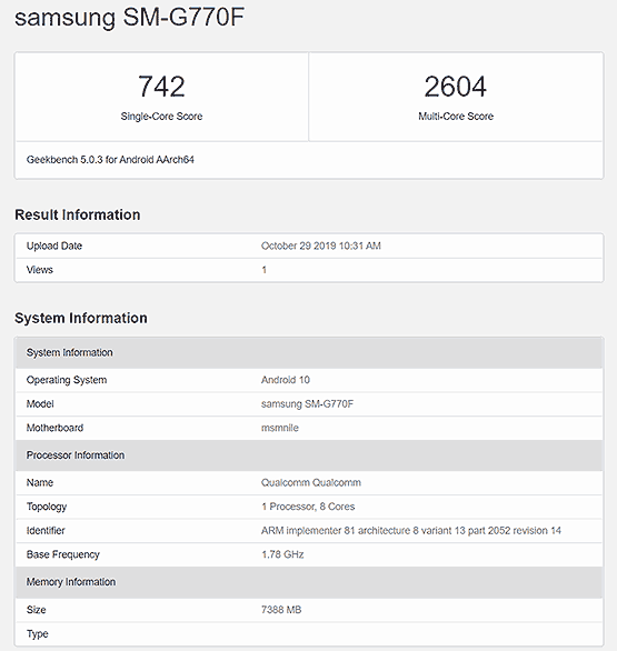 Samsung Galaxy S10 Lite or SM-G770F Geekbench benchmark score leak via Revu Philippines